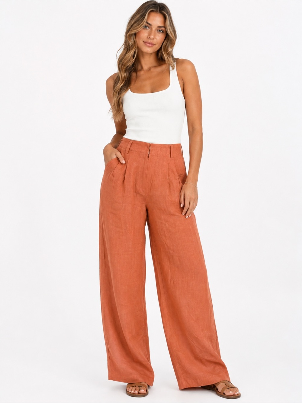 HALARA Wide-Leg Linen-Blend Pants in Rust